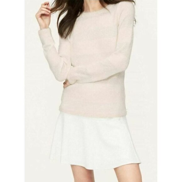 LOFT Womens Large Striped Sequin Eyelash Knit Sweater Ivory White Wool Boho - Picture 1 of 8